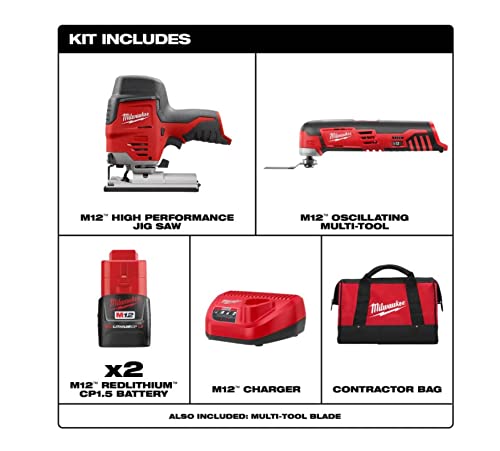 Milwaukee 2445-22MT M12 Brushed Lithium-Ion Cordless High Performance Jigsaw and M12 Multi-Tool Combo Kit with (2) 1.5 Ah Batteries