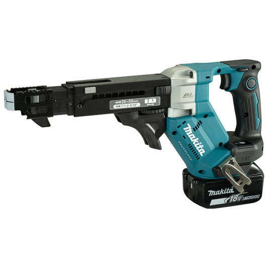 Makita DFR551RTJ 18V Li-ion LXT Brushless Auto-Feed Screwdriver Complete with 2 x 5.0 Ah Batteries and Charger Supplied in a Makpac Case