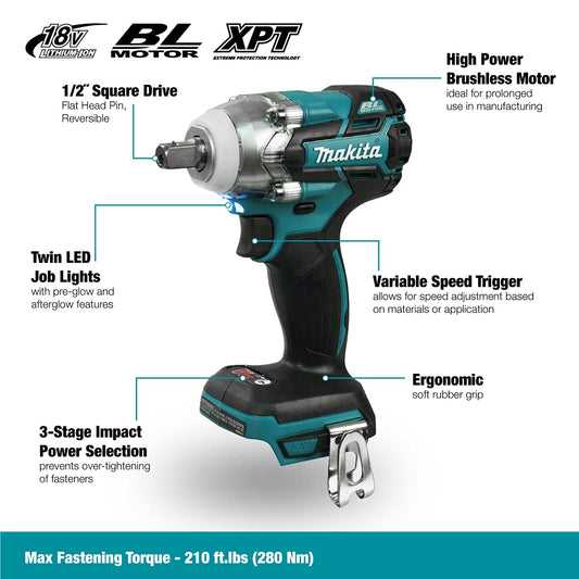 Makita DTW285Z 18V Li-Ion LXT Brushless Impact Wrench - Batteries and Charger Not Included