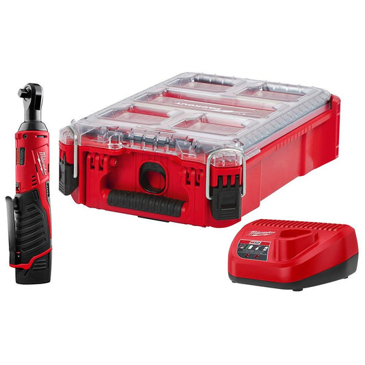 Milwaukee M12 12-Volt Lithium-Ion Cordless 3/8 in. Ratchet Kit W/PACKOUT Case, (1) 1.5Ah Battery and Charger