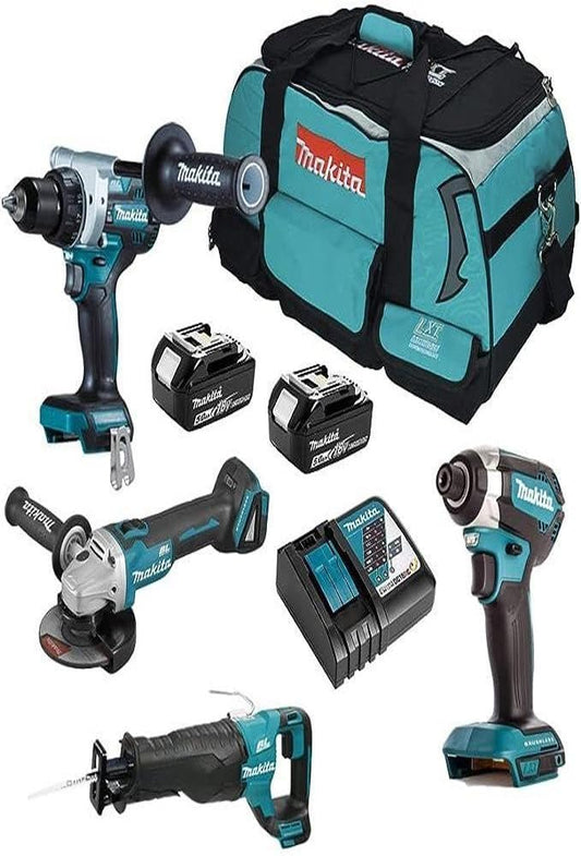 Makita DLX4157TX1 Battery Combo Kit 18V (DDF486+DTD153+DGA504+DJR187) / 5.0Ah 2 Batteries + Charger in Carry Case, Petrol/Black