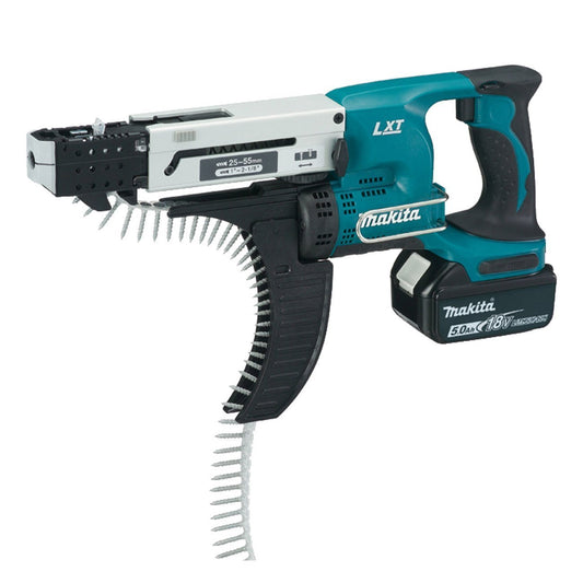 Makita DFR550RTJ 18V Li-ion LXT Auto Feed Screwdriver Complete with 2 x 5.0 Ah Batteries and Charger Supplied in a Makpac Case