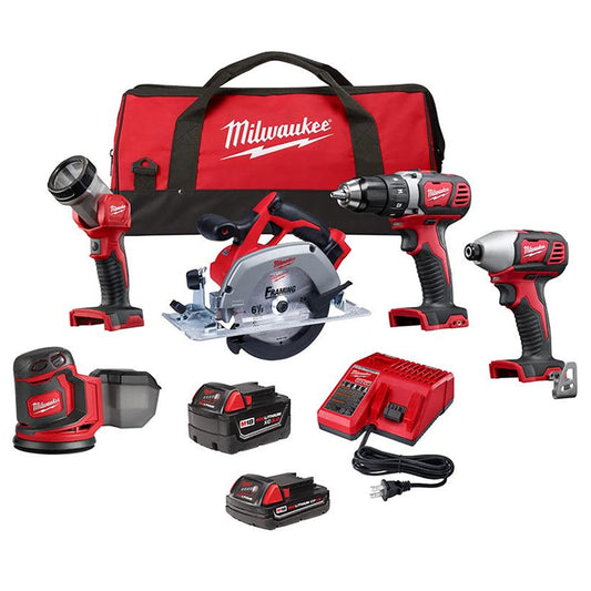 Milwaukee M18 5 Tool Combo Kit: 2606-20 1/2" Drill Driver, 2656-20 1/4" Hex Impact Driver, 2630-20 6-1/2" Circular Saw, 2648-20 Random Orbit Sander, 2735-20 LED Work Light