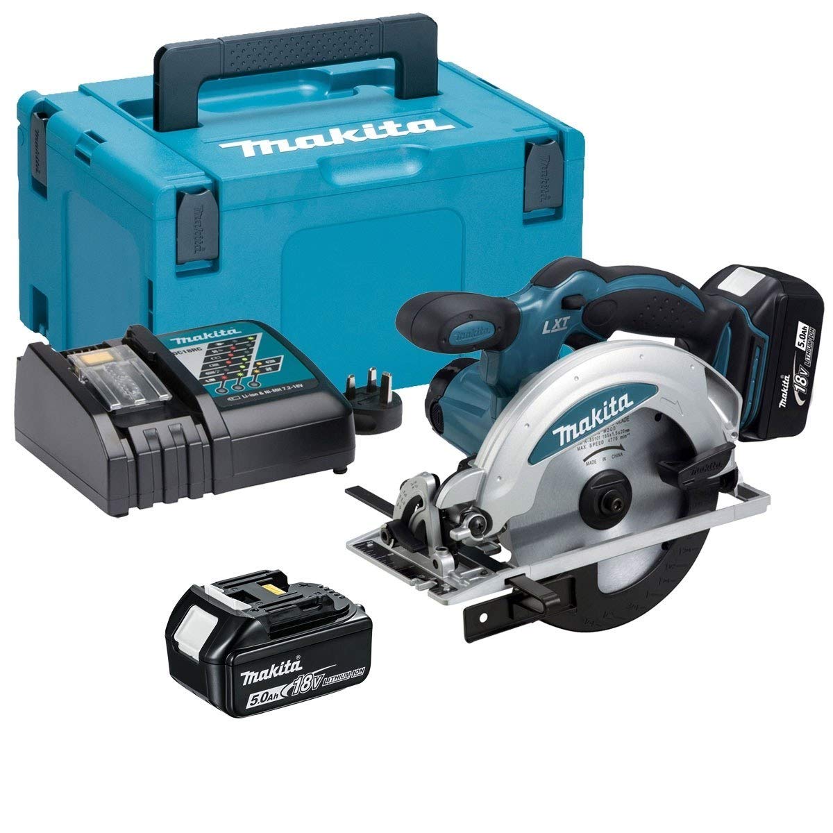 Makita DSS610RTJ 18V Li-ion LXT 165mm Circular Saw Complete with 2 x 5.0 Ah Batteries and Charger suppliled in a Makpac Case, Black/White