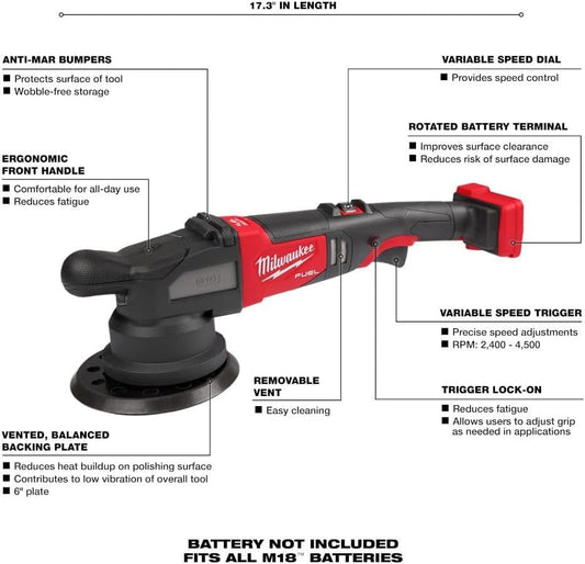 Milwaukee M18 Fuel 21mm Random Orbital Polisher - No Charger, No Battery, Bare Tool Only