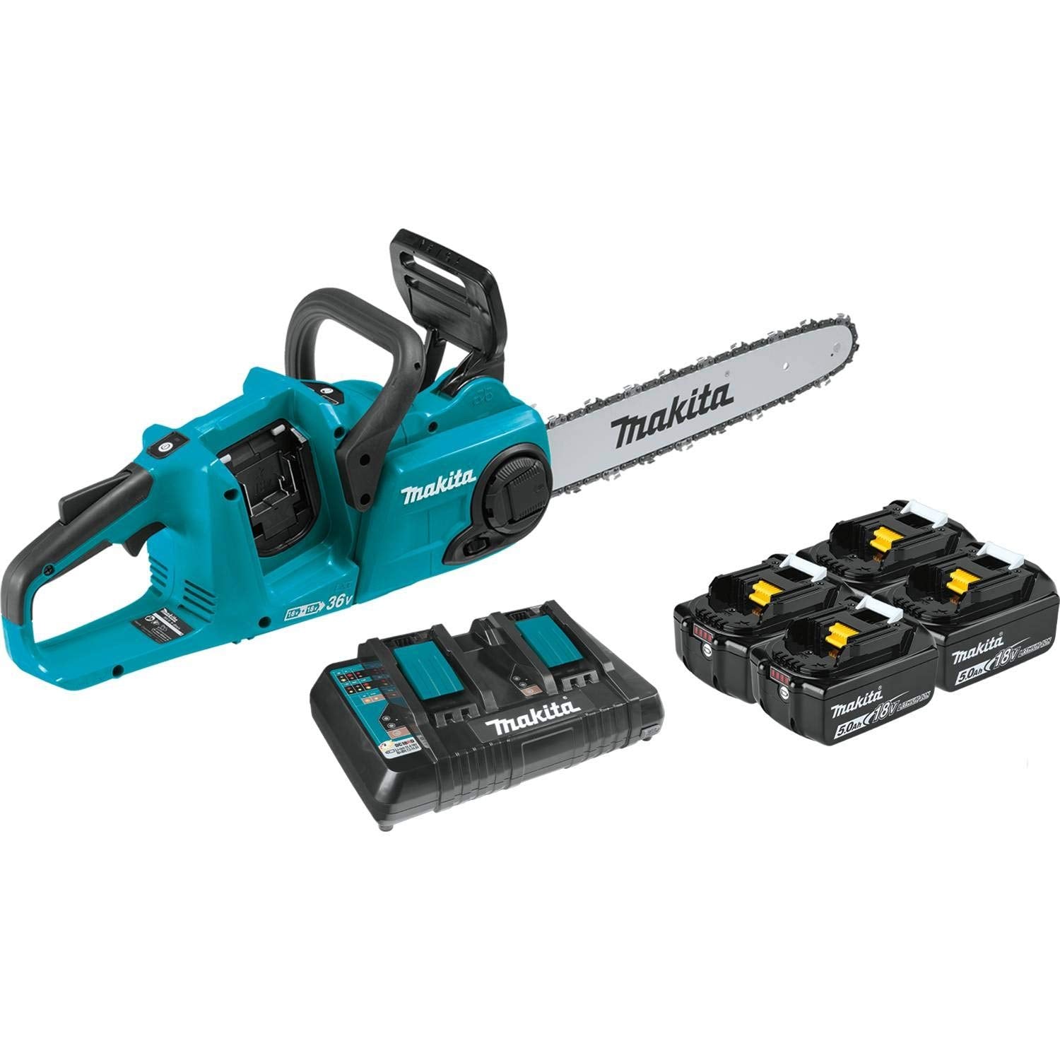 Makita XCU03PT1 18V X2 (36V) LXT Lithium-Ion Brushless Cordless 14" Chain Saw Kit with, 4 Batteries (5.0Ah)