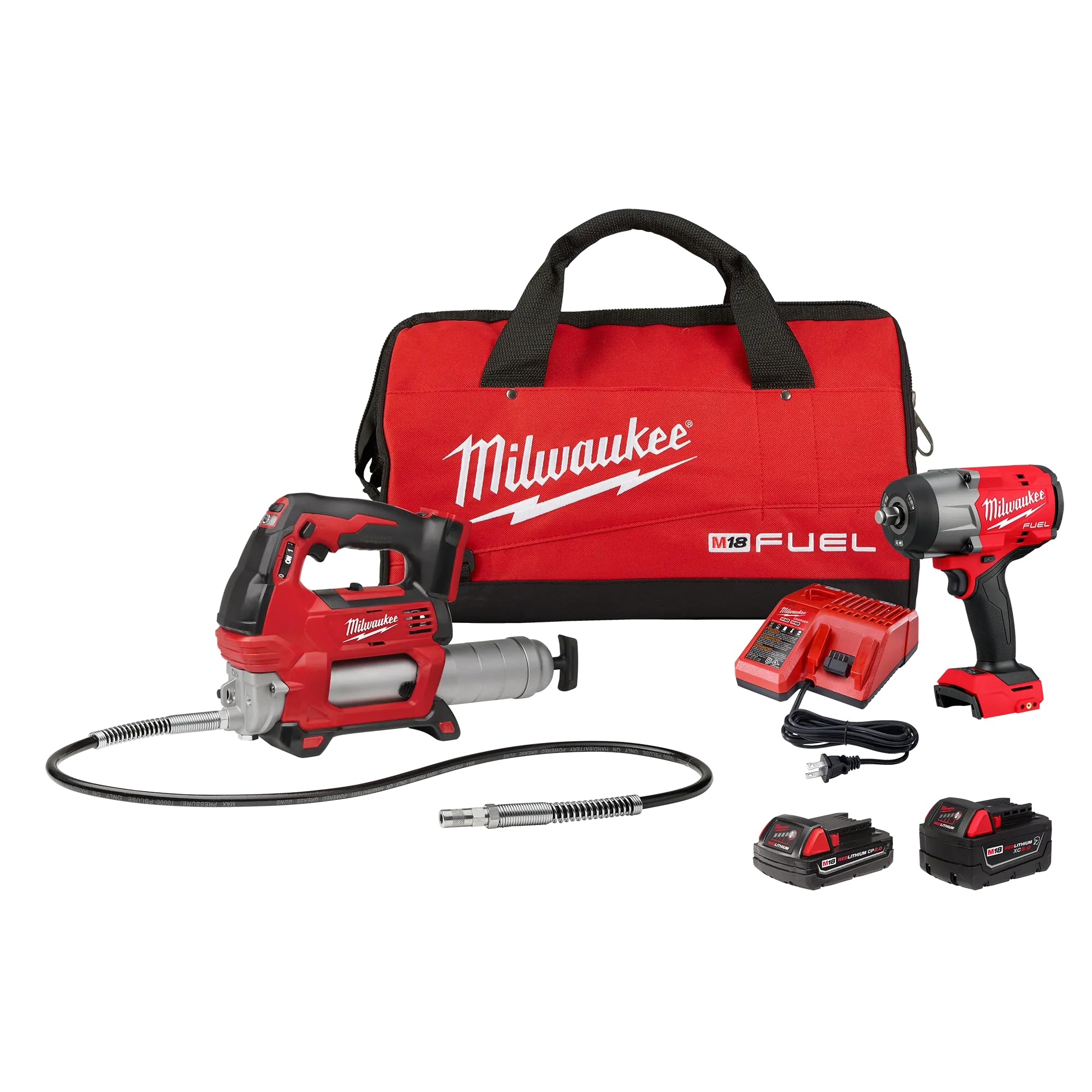Milwaukee M18 FUEL 18V Lithium-Ion Brushless Cordless High Torque 1/2 in. Impact Wrench w/Friction Ring & Grease Gun Combo Kit, 2967-22GG