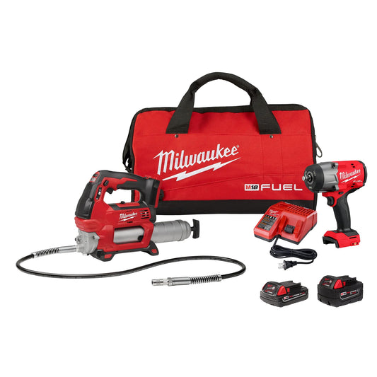 Milwaukee M18 FUEL 18V Lithium-Ion Brushless Cordless High Torque 1/2 in. Impact Wrench w/Friction Ring & Grease Gun Combo Kit, 2967-22GG