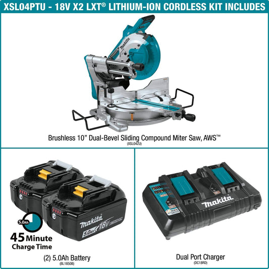Makita XSL04PTU 18V X2 LXT Lithium-Ion (36V) Brushless Cordless 10" Dual-Bevel Sliding Compound Miter Saw Kit, Aws & Laser (5.0Ah)
