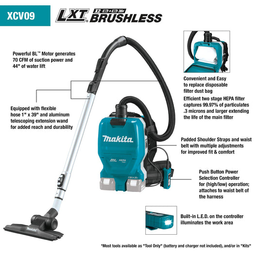 Makita XCV09PT 18V X2 LXT® Lithium-Ion (36V) Brushless Cordless 1/2 Gallon HEPA Filter Backpack Dry Vacuum Kit (5.0Ah)