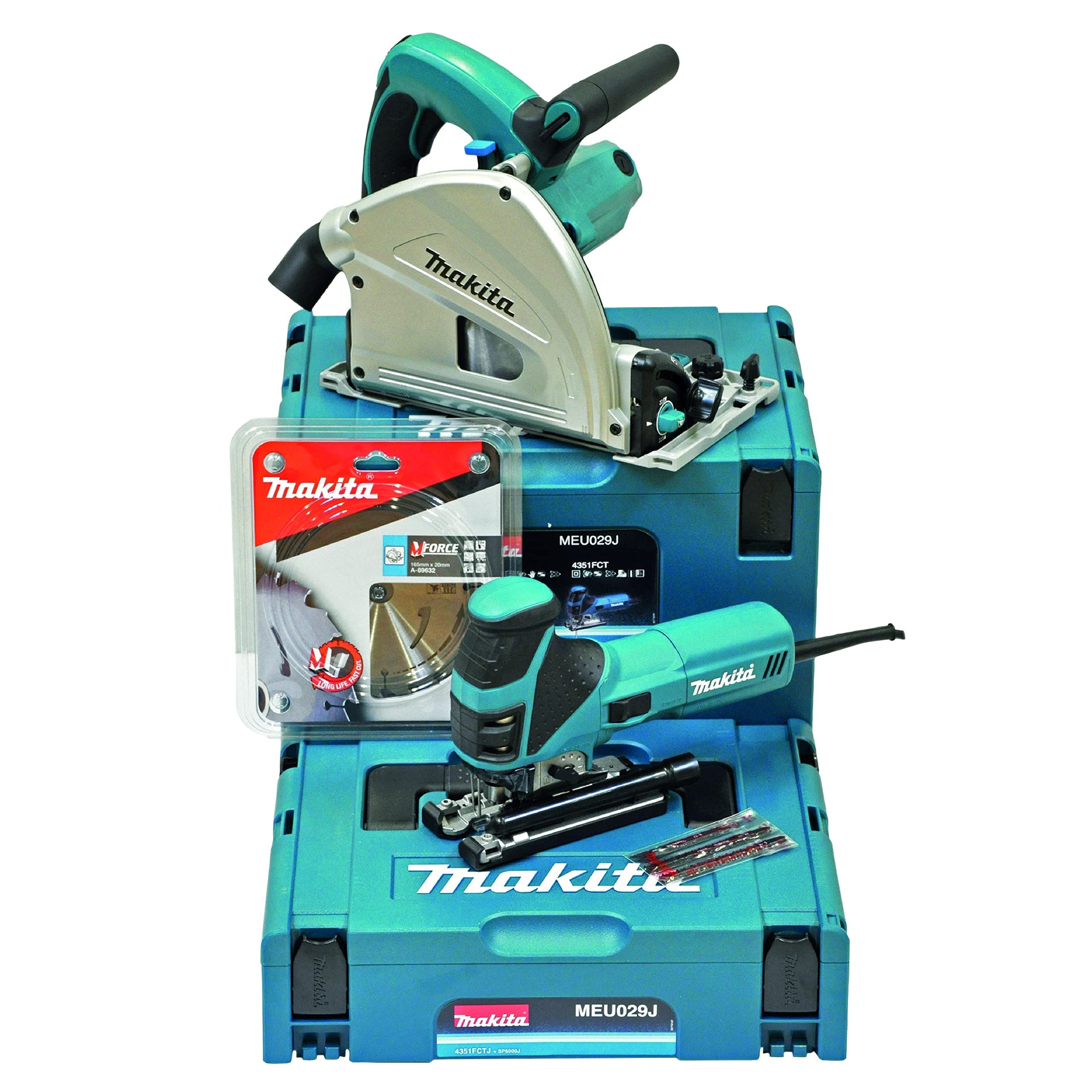 Makita MEU029J Saw Set (4351FCT + SP6000 + A-89632), 1300 W, Blue/Silver