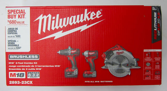 Milwaukee 2893-23CX M18 Brushless Cordless Hammer Drill/Impact/Circular Saw Combo Kit (3-Tool) with 2-Batteries