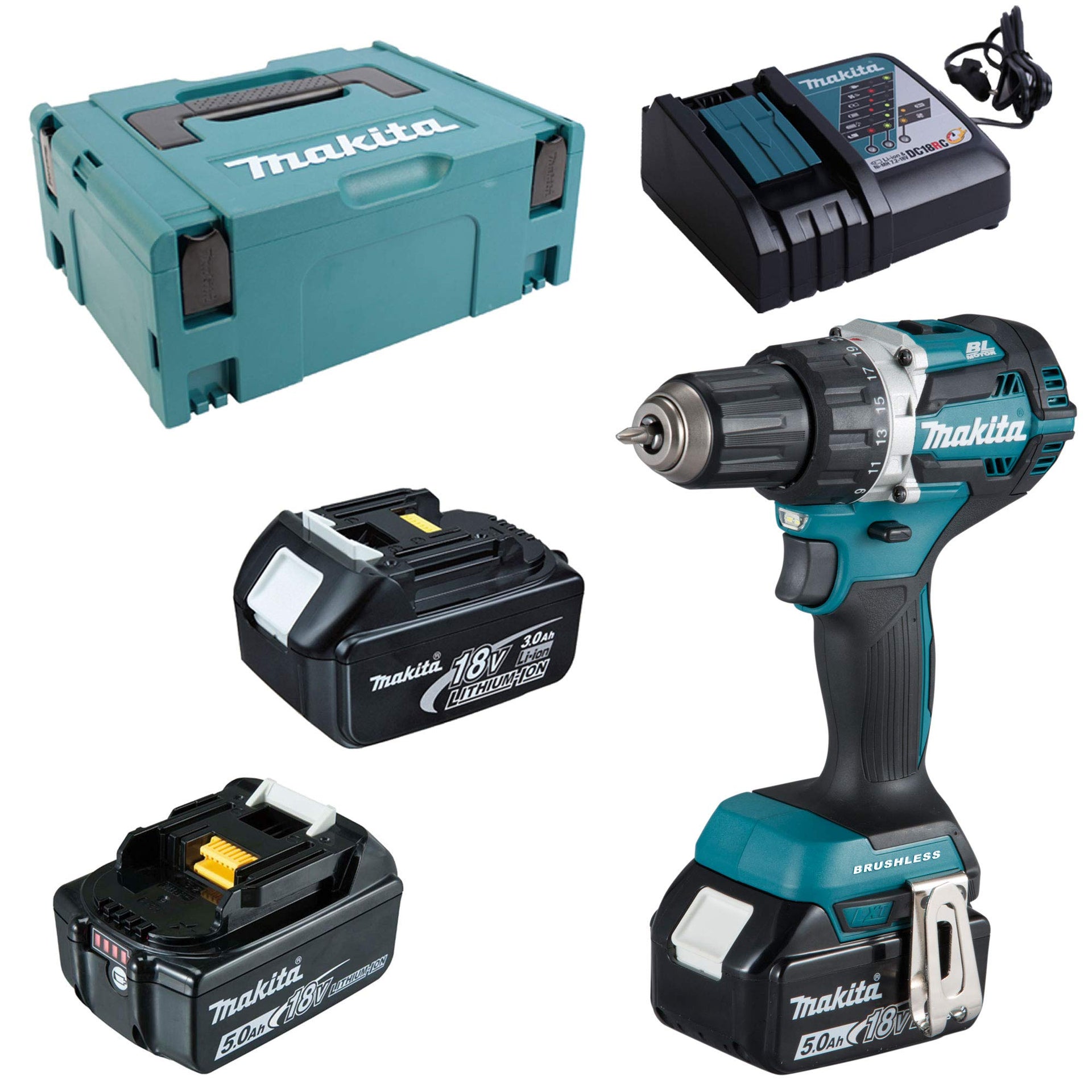 Makita DDF484JX1 Drill 18 V / 2 Batteries 5.0, 1 Battery 3.0 Ah + Charger in Makpac, Black, Blue