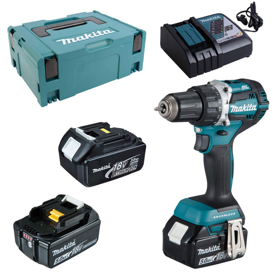 Makita DDF484JX1 Drill 18 V / 2 Batteries 5.0, 1 Battery 3.0 Ah + Charger in Makpac, Black, Blue