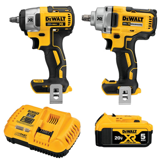 DEWALT 20V MAX Impact Wrench, Cordless 2-Tool Combo Kit, 1/2-Inch Mid-Range and 3/8-inch Compact with 5ah Battery and Charger (DCK205P1)