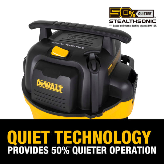 DEWALT 12 Gallon STEALTHSONIC Ultra Quiet Poly Wet Dry Vacuum, DXV12P-QTA Newest Noise Reduction Vac, 5.5 Peak HP Shop Vacuum for Jobsite/Workshop, Reduce Motor Noise, Yellow