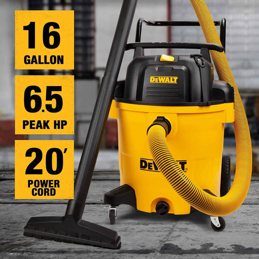 DEWALT 16 Gallon Shop Vacuum Wet/Dry, 6.5 Peak HP, Heavy Duty Poly Shop Vacuum Blower with Powerful Suction, Cart Style Wet/Dry/Blow 3 in 1 Multifunction Shop Vacuum, Built-in Drain, DXV16PA